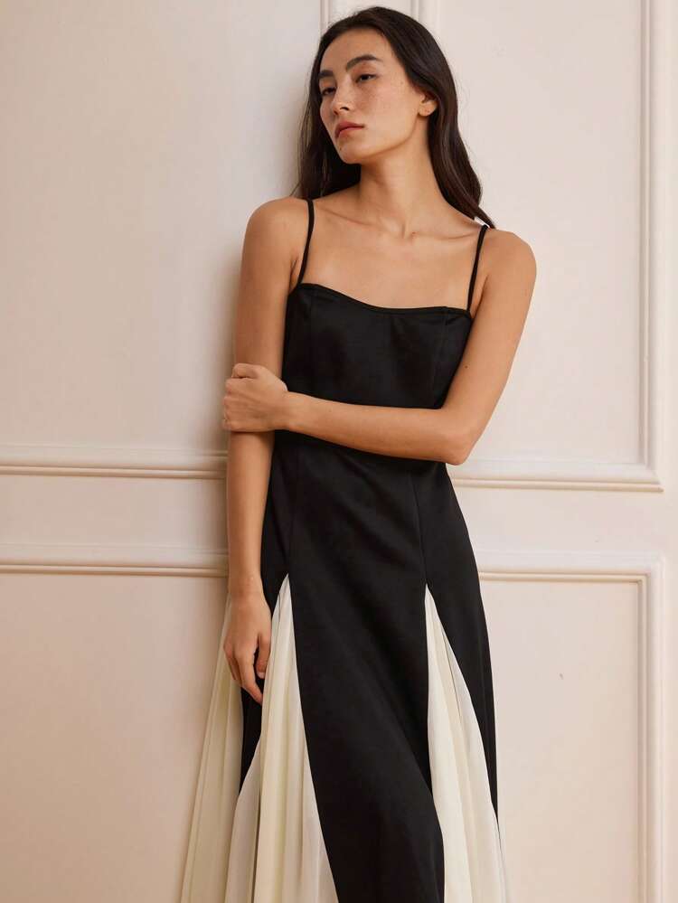 Summer Sexy Slim Fit Cocktail Wedding Party Dress, Spaghetti Strap Color Block Patchwork Maxi Chiffon Dress For Women Business Casual Women