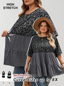 SHEIN CURVE+ 加大码女式豹纹拼布灰色宽松短袖 T 恤，女式夏季彼得潘领衬衫，加大码曲线，波西米亚度假风 - 彩色 - 查看 4