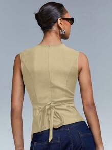 Athîral Top de verano de mujer minimalista de unicolor con fruncido ajustado - Caqui - Ver 4