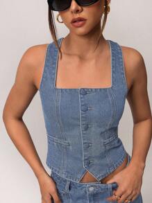 SHEIN Forever 21 女士夏季休闲前扣方领牛仔衬衫 - 藍色 - 查看 4