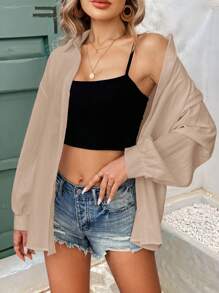 SHEIN Frenchy Women's Vacation Casual Solid Color Dolman Shirt Winter - Apricot - View 5