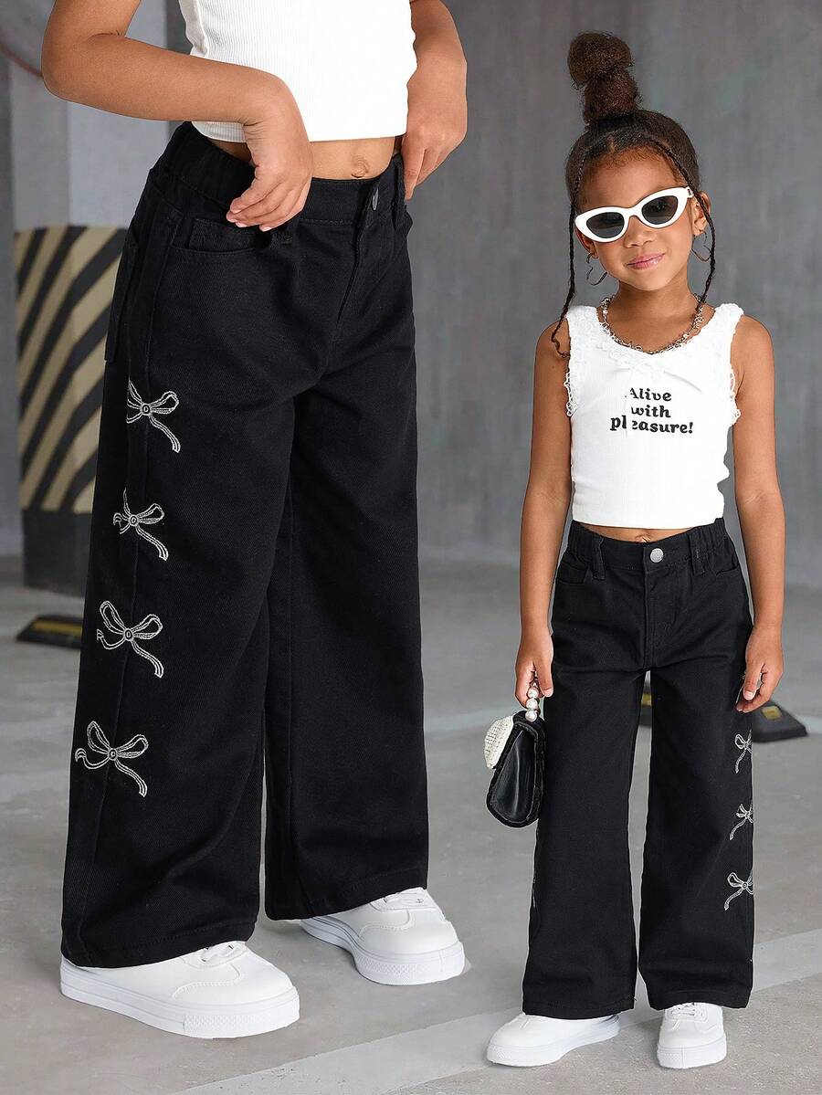 SHEIN Sparklyn Girls' Casual Jeans With Cute Bowknot And Embroidery, Comfortable Street Style Straight Leg Pants Fall Winter - Black - View 1
