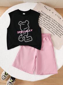 SHEIN 2pcs/Set Young Boy Pink Wide-Leg 3/4 Pants + Black Bear Pattern Sleeveless Top - Black - View 7