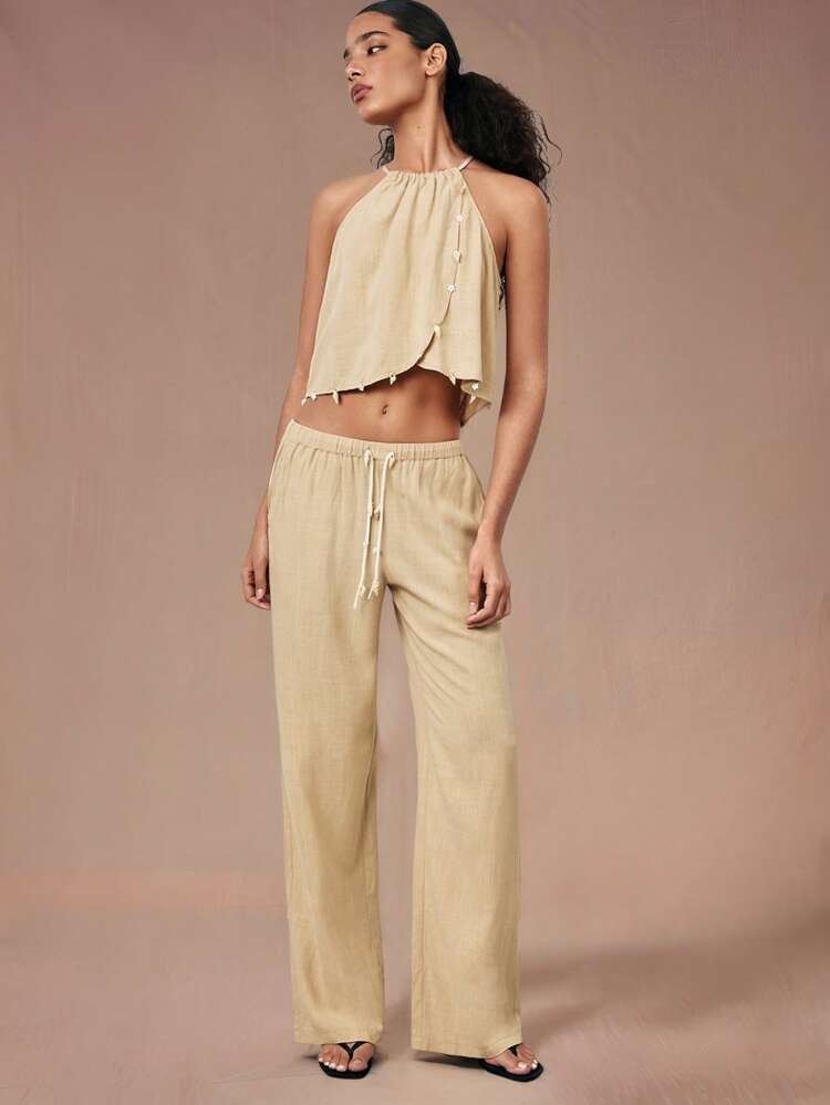 SHEIN Maija 2025 Frühjahr & Sommer Neue Lässige Mode Komfortable Damen Hose mit Muschelprint, geeignet für Urlaub, täglichen Lässig-Look, romantischen Stadtresort-Stil, passend für Ausgehaktivitäten, Partys, Hochzeitsgäste, Retro-Stil, Abschlussballsaison