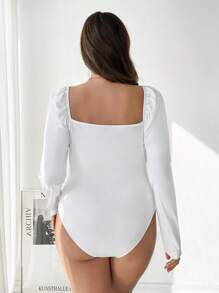 Firerie Plus Gigot Sleeve Wrap Front Ruched Bodysuit - White - View 3