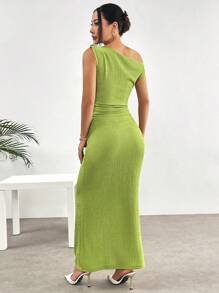 SHEIN EZwear 夏季针织提花金属扣装饰不对称连衣裙 - 綠色 - 查看 2