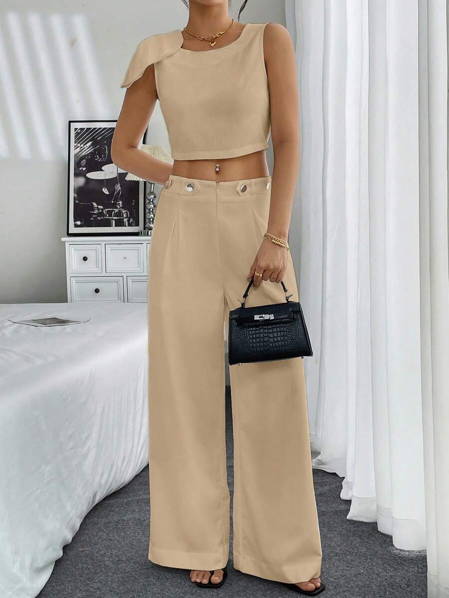 Chiquease 2 piezas Conjunto informal de blusa de hombros con volantes y cuello redondo de unicolor, y pantalón ancho plisado para mujer en verano