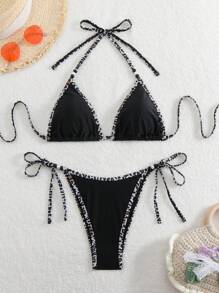 SHEIN Conjunto de bikini con cuello halter, de unicolor con estampado aleatorio, sexy para mujeres en verano - Multicolor - Ver 1