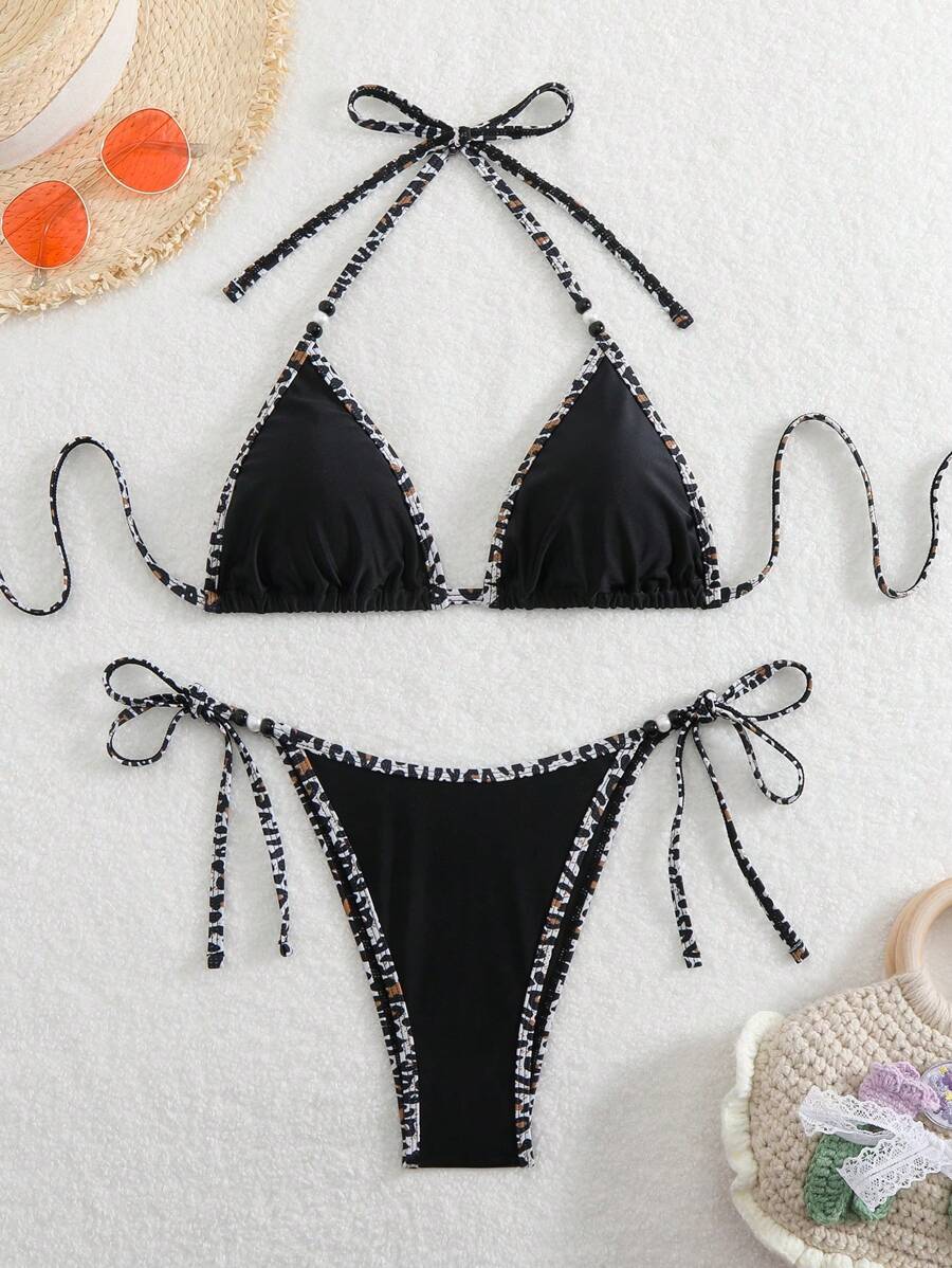SHEIN Conjunto de bikini con cuello halter, de unicolor con estampado aleatorio, sexy para mujeres en verano - Multicolor - Ver 1