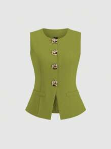 Sweetra French Minimalist Basic Metal Buttons Sleeveless Women Thin Blazer - Green - View 1