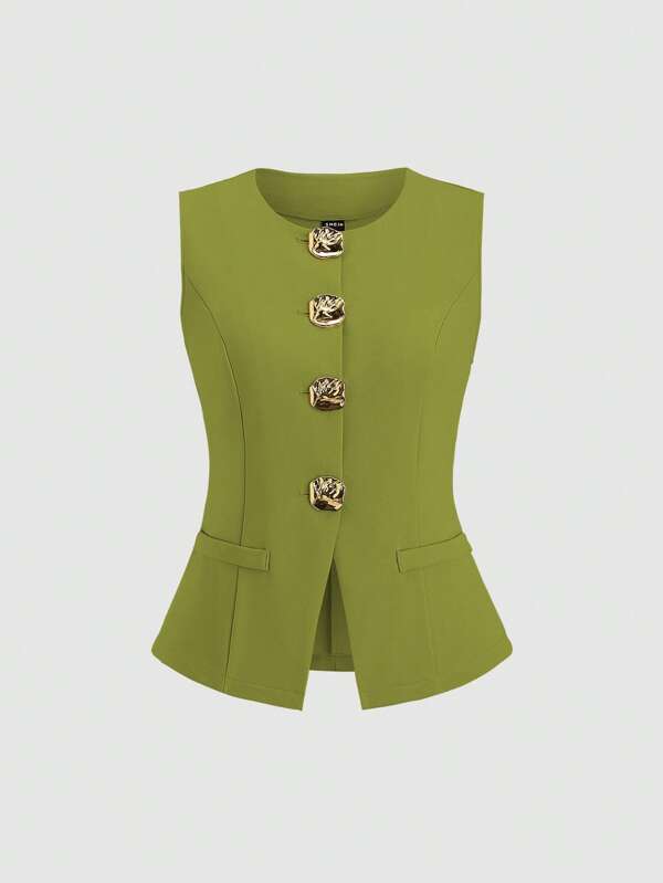 Sweetra French Minimalist Basic Metal Buttons Sleeveless Women Thin Blazer
