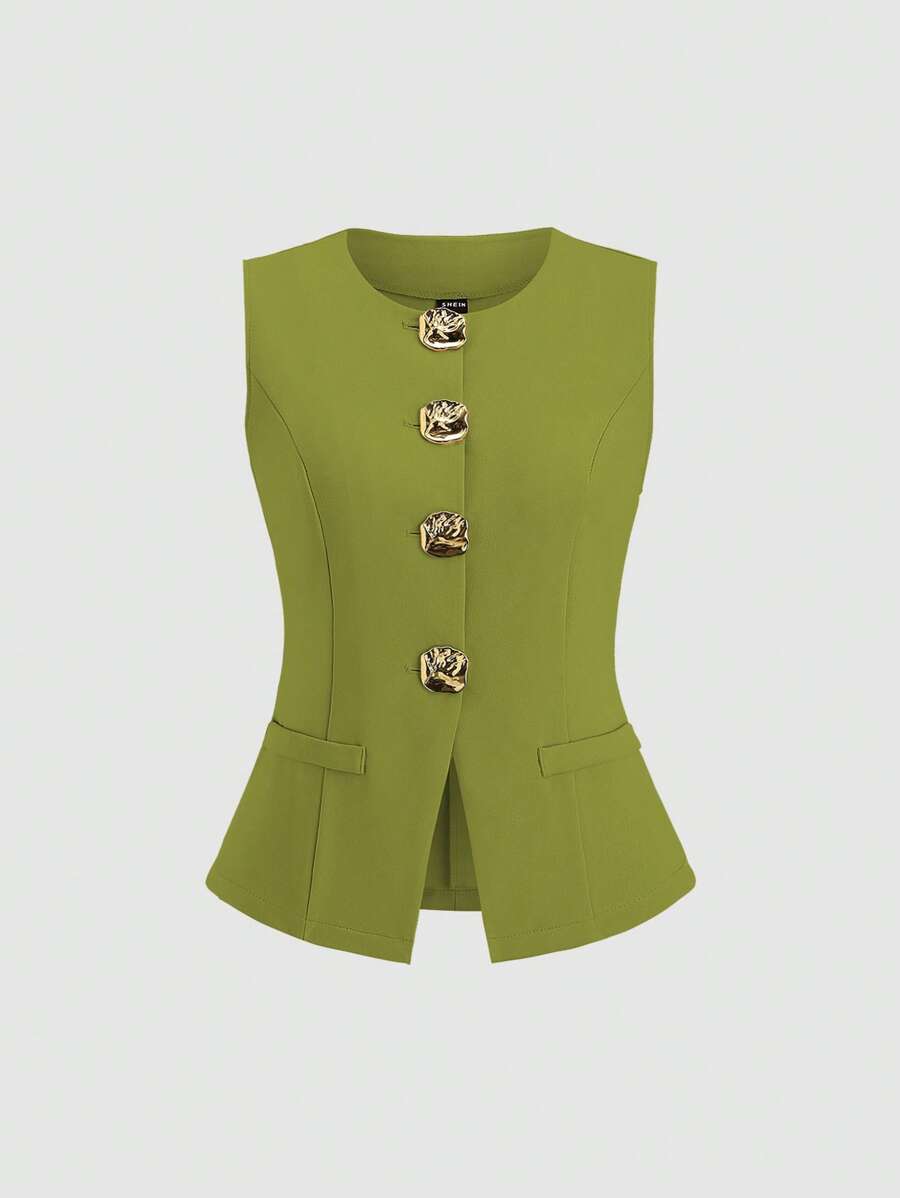 Sweetra French Minimalist Basic Metal Buttons Sleeveless Women Thin Blazer - Green - View 1