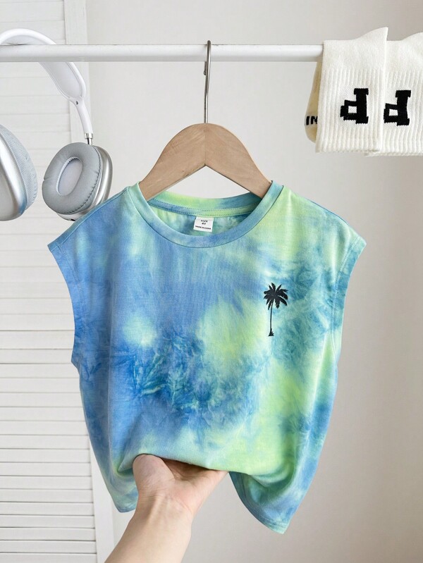 SHEIN Camiseta de tirantes con efecto tie-dye para niño, estilo casual de calle, cómoda de punto, adecuada para ir al trabajo, la escuela, ocio, viajes, deportes, festivales, primavera, verano, otoño e invierno