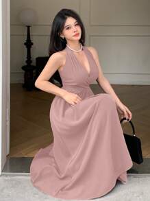 DAZY Vestido midi sin mangas con cuello en V plisado de unicolor para mujeres