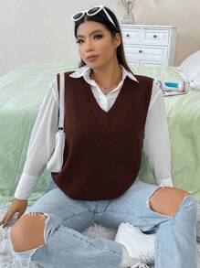 SHEIN MOOSTA Plus Size Solid V-Neck Casual Versatile Pullover Sweater Vest - Coffee Brown - View 3