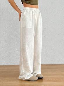 SHEIN EZwear 女士夏季抽绳腰带口袋宽松亚麻条纹阔腿裤 - 杏色 - 查看 4