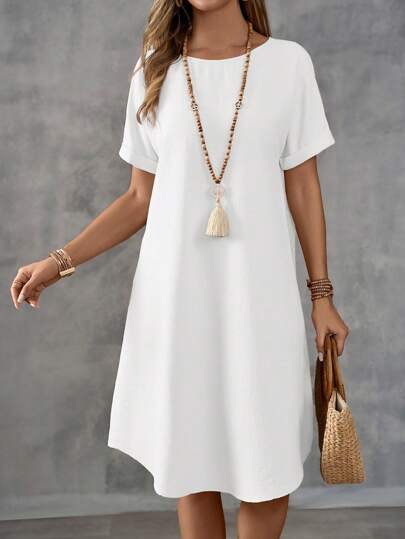 EMERY ROSE Women's Plain Crew Neck Short Sleeve Loose Casual Mid-Length Dress,Summer Dresses For Women,White Dresses For Women