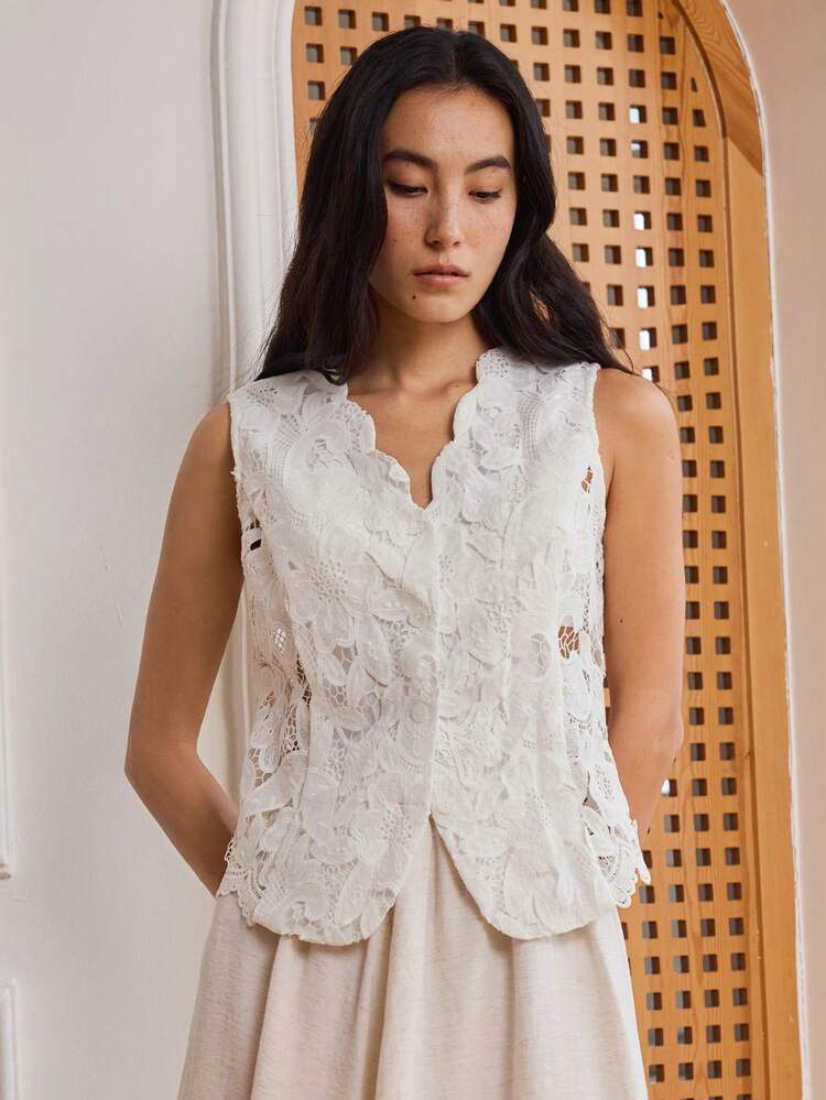 Women Summer Business Casual Elegant Hollow Lace Fitted Tank Top Open Cardigan V-Neck Sleeveless Blouse Going Out Tops