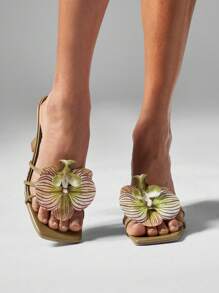MISSGUIDED Designer Square Toe Mule Sandals With Orchid Flower Embellishment Stylish Block Heel Summer Wedding Party Evening Footwear - Green - View 4