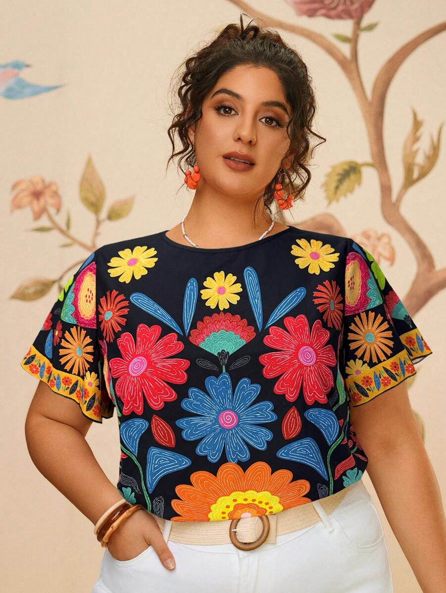 Travachic 女士加大码热带印花宽松短袖休闲衬衫女式夏季衬衫 - 黑色 - 查看 1