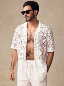 Manfinity NXTstreet 2 件套复古穿孔瓜亚贝拉领轻便男士夏季休闲装 - 白色 - 查看 6