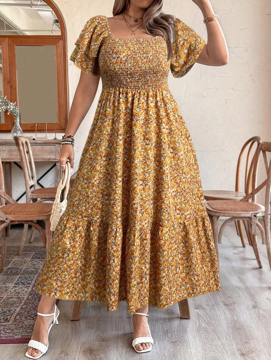 EMERY ROSE Plus Size Vacation/Leisure Ditsy Floral Print Dress With Cinched Waist Maxi Women Outfit - Yellow - View 1