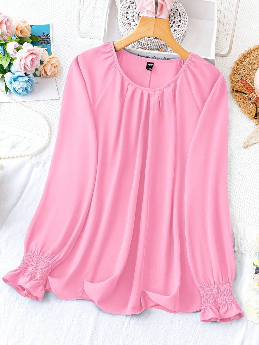 Plus Size Women Solid Color Round Neck Pleated Long Sleeve Loose Casual Shirt - Pink - View 1