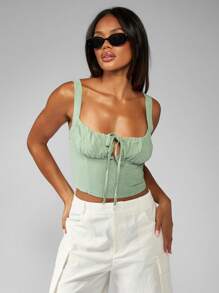 MISSGUIDED Sommer geraffter Büsten Leinen Träger Crop Top Korsett-Stil Ärmellos Tank Top für Festival, Strand, Urlaub, Lässig, schmale Passform