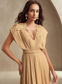 Anewsta Vestido de verano elegante con escote en V, cintura ceñida y decoración floral, adecuado para graduación, festival, vacaciones, elegancia, vacaciones, alta sociedad, cita nocturna