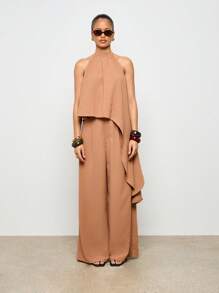 AiiRZ Modern Wide Leg High Waist Pants Evening Party Wedding Guest Special Occasion Resort Wear Travel - Coffee Brown - View 1