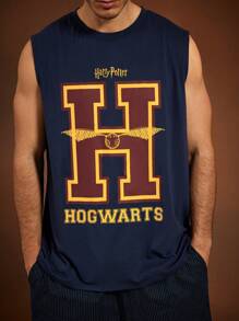 HARRY POTTER X SHEIN Plus Size Men's Casual Loose Knit College Style Letter & Golden Snitch Print Navy Tank Top, Spring/Summer