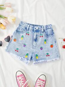 SHEIN Tween Girls Summer High Waist Light Washed Strawberry Fruits Embroidered Cute Baggy Denim Jeans Short With Raw Hem,Girls Summer Beach Boho Vacation Shorts Outfits,Summer Brunch Graduation Outfits,Summer Rave Concert Festival Outfits
