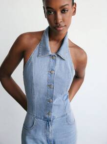 Maija 女士牛仔背带裤和连身裤休闲修身无袖连体衣，蓝色 - 淺色水洗藍 - 查看 3