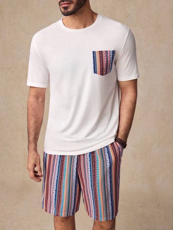 Manfinity ModaGents 2 bucăți/Set Bărbați Ocazional Tricot Patchwork Buzunar Slim Fit Tricou cu mânecă scurtă și Snur în talie Model imprimat Pantaloni scurți Drepți, potrivit pentru purtarea de zi cu zi