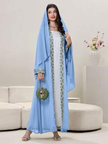 Al Najma Spring/Summer Arabic Style Abaya With Headscarf, Decorative Floral Trim On Collar, Cuffs And Flared Sleeves, Modest Robe - Blue - View 4
