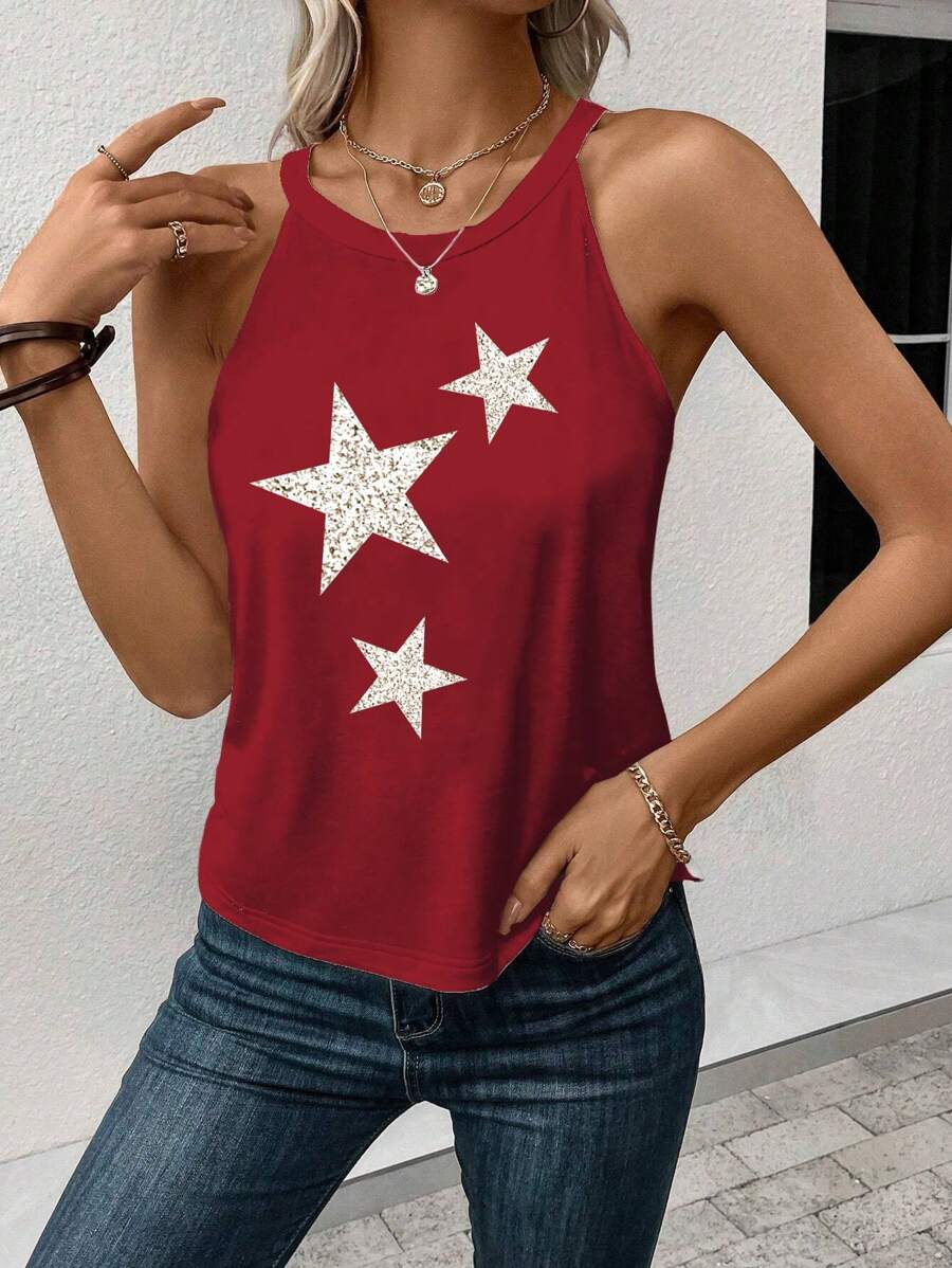 SHEIN LUNE Women's Casual Star Print Crew Neck Tank Top, Suitable For Summer - Burgundy - View 1