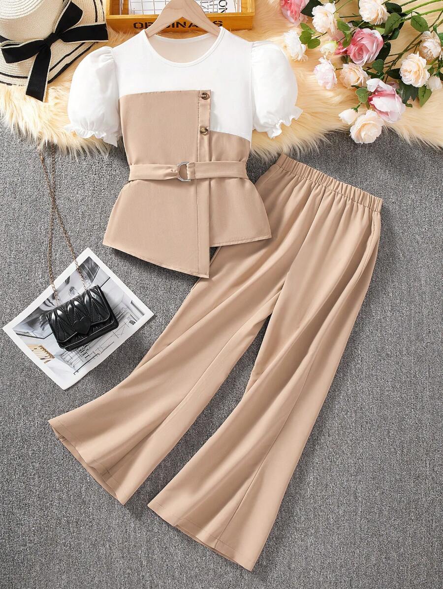 2pcs/Set Tween Girls Fashion Commuter Color Block Puff Sleeve Gathered Waist Straight Leg Pants Suit - Multicolor - View 1