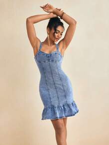 Fastlane Washed Denim Ruffle Hem Sweetheart Neckline And Triangle Straps Knee Length Midi Dress - Baby Blue - View 6