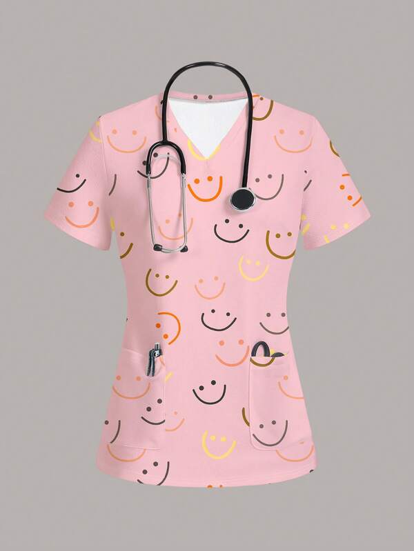 SHEIN Essnce Short Sleeve Colorful Smiling Face Pattern Women Scrub Uniform Top, Casual For Summer