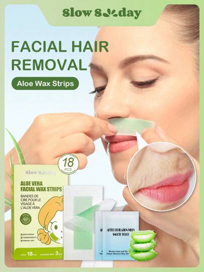 SlowSunday Aloe Vera Facial Wax Strips, Wax Hair Removal, Designed For Lips, Eyebrows, For A Soft, Nourished Finish, With Oil Pack To Removes Residue, For Body & Legs & Arms