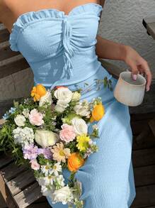 SHEIN Unity Women's Solid Color Frill Trim Front Tie Fitted Dress - Baby Blue - View 5