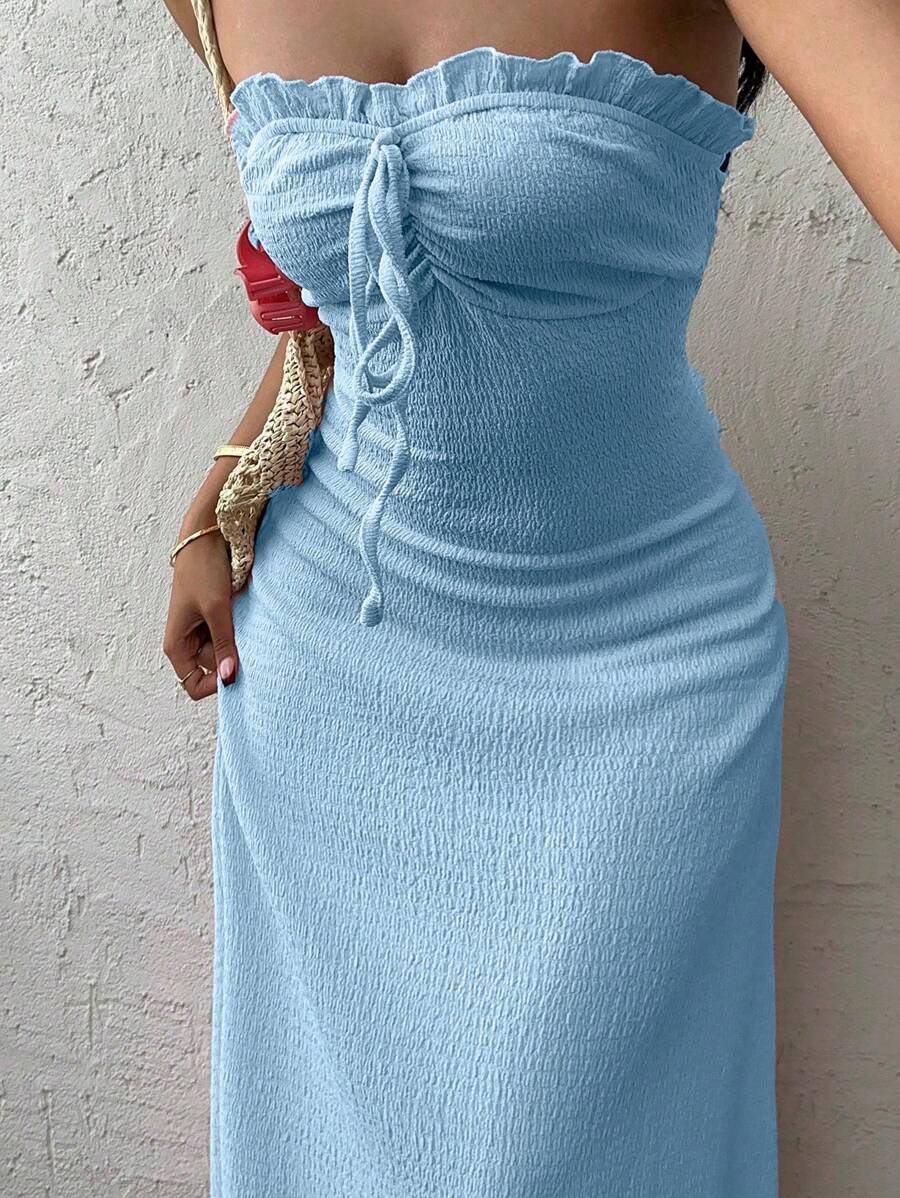 SHEIN Unity Women's Solid Color Frill Trim Front Tie Fitted Dress - Baby Blue - View 1