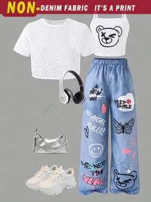 SHEIN 3pcs Tween Girls Mesh T-Shirt & Bear Graphic Tank Top & Denim Print Pants Set
