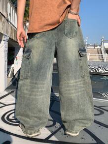 SHEIN 青少年男童时尚休闲 Y2k 复古蓝色工装口袋和开衩设计宽松阔腿牛仔裤，柔软舒适，适合日常穿着以及儿童春夏服装 - 藍色 - 查看 3