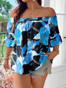 SHEIN Clasi Blus Lengan Pendek Motif Bunga Model Bahu Terbuka untuk Wanita Ukuran Plus - Biru - View 5