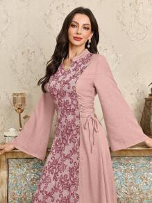 Al Najma 女式阿拉伯风格立领系带连衣裙 - 淺粉色 - 查看 3