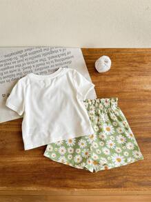 SHEIN LMoss Kids 2pcs/Set Toddler Girls Cute Summer Polka Dot Shorts And Cartoon Pattern Top Outfit - White - View 2