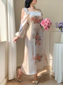 DAZY 女士花卉印花方领长袖连衣裙，适合夏季 - 米色 - 查看 3