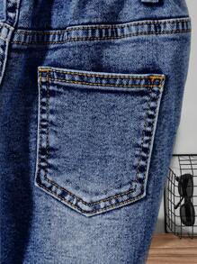 SHEIN Young Boy Distressed Stone Washed Denim Ripped Jeans Shorts, Street Fashion, School, Campus, College - Dark Wash - View 3