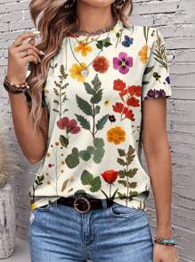 EMERY ROSE Camiseta casual, holgada y de manga corta con cuello redondo y estampado floral para mujer, versátil y minimalista - Multicolor - Ver 4